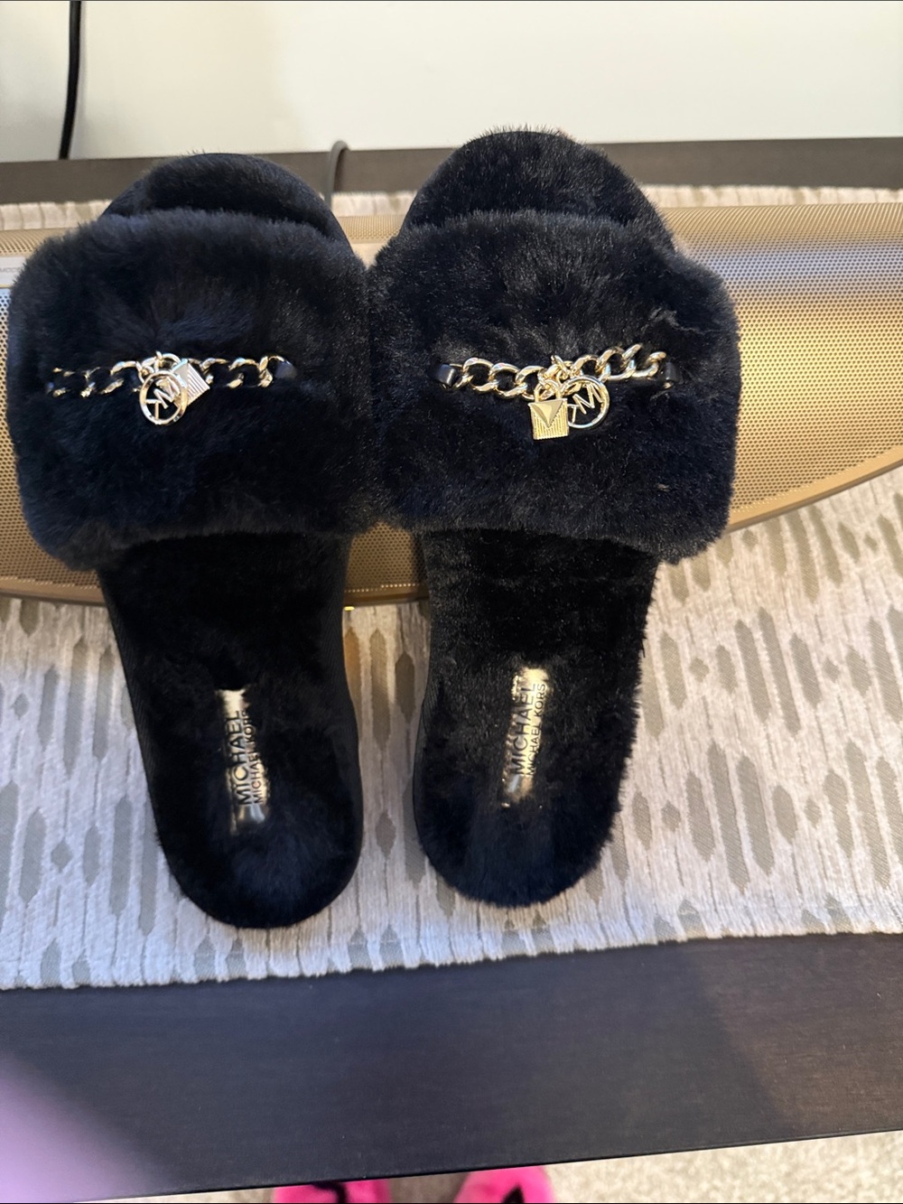 MICHAEL Michael Kors Black Faux-Fur Slide Sandals with Gold Chain Detail